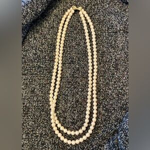 Vintage Double-Strand Pearl Necklace with Gold Bow Clasp